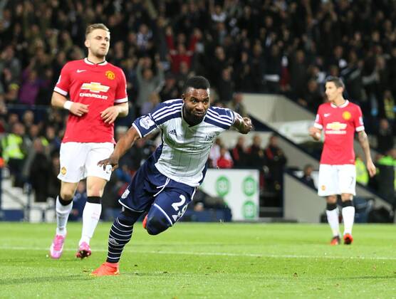 Stephane Sessegnon of West Bromwich Albion turns to celebrate scoring the first goal - Barclays Premier League - WBA vs Manchester Utd - Hawthorns Stadium - West Bromwich - England - 20th October 2014 - Picture Simon Bellis Sportimage EDITORIAL USE ONLY. No use with unauthorised audio, video, data, fixture lists, club league logos or live services. Online in-match use limited to 120 images, no video emulation. No use in betting, games or single club league player publications.
