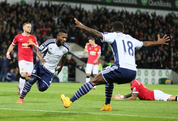 Stephane Sessegnon of West Bromwich Albion turns to celebrate scoring the first goal - Barclays Premier League - WBA vs Manchester Utd - Hawthorns Stadium - West Bromwich - England - 20th October 2014 - Picture Simon Bellis Sportimage EDITORIAL USE ONLY. No use with unauthorised audio, video, data, fixture lists, club league logos or live services. Online in-match use limited to 120 images, no video emulation. No use in betting, games or single club league player publications.