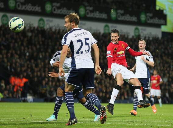 Robin van Persie of Manchester United hits the post with a volley - Barclays Premier League - WBA vs Manchester Utd - Hawthorns Stadium - West Bromwich - England - 20th October 2014 - Picture Simon Bellis Sportimage EDITORIAL USE ONLY. No use with unauthorised audio, video, data, fixture lists, club league logos or live services. Online in-match use limited to 120 images, no video emulation. No use in betting, games or single club league player publications.