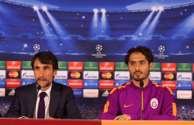 Galatasaray Football Club co trainer Gabriele Pin (L) and Player Hamit Altintop (R) during the press conference UEFA Champions League soccer match between Galatasaray and Borissia Dortmund in Istanbul 21 October 2014 