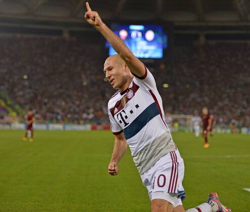 21.10.2014, Fussball Champions League 2014 2015, Vorrunde, 3.Spieltag, AS Rom - FC Bayern München, im Olympiastadion Rom (Italien). Arjen Robben (Bayern München) jubelt über sein Tor zum 4:0. 