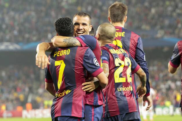 Barcelona, 21.10.2014 - Sandro, Dani Alves, Pedro during UEFA Champions League match 2014 2015 between FC Barcelona and Ajax Amsterdam. 