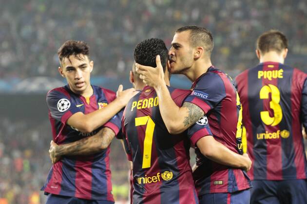 Barcelona, 21.10.2014 - Sandro, Pedro and Munir during UEFA Champions League match 2014 2015 between FC Barcelona and Ajax Amsterdam. 