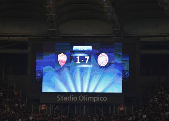 21.10.2014, Fussball Champions League 2014 2015, Vorrunde, 3.Spieltag, AS Rom - FC Bayern München, im Olympiastadion Rom (Italien). Das Endergebnis von 1:7 steht auf der Anzeigetafel. 