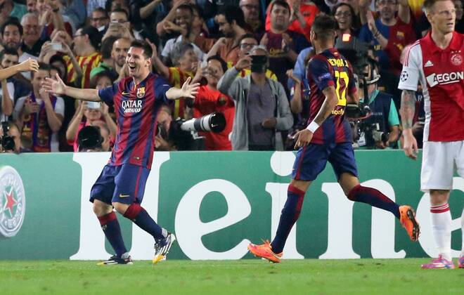 Oct. 21, 2014 - Barcelona, Spain - 21 October-BARCELONA SPAIN: Leo Messi and Neymar Jr. goal celebration in the match between FC Barcelona and Ajax, for Week 3 of the Champions League, played at the Camp Nou on 21 October 2014. Photo: Joan Valls Urbanandsport Nurphoto Champions League: Fc Barcelona v Ajax  - ZUMAn230