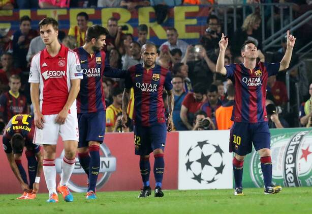Oct. 21, 2014 - Barcelona, Spain - 21 October-BARCELONA SPAIN: Leo Messi . goal celebration in the match between FC Barcelona and Ajax, for Week 3 of the Champions League, played at the Camp Nou on 21 October 2014. Photo: Joan Valls Urbanandsport Nurphoto Champions League: Fc Barcelona v Ajax  - ZUMAn230