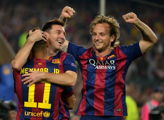 Champions League match between FC Barcelona and Ajax Amsterdam. In this picture, Neymar celebrates his goal with Lionel Messi and Ivan Rakitic. xFRANCESCxADELANTADOx 