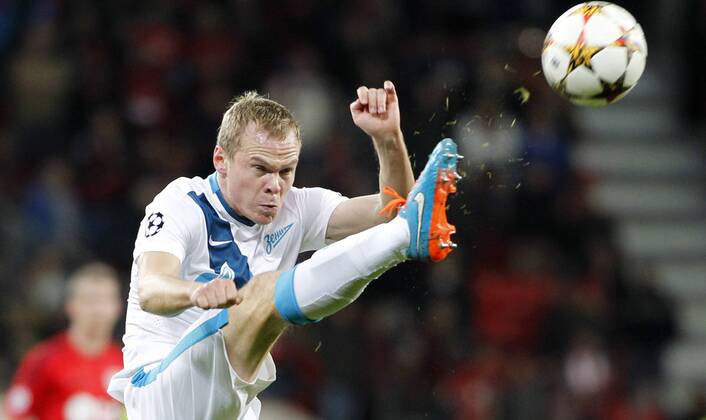 Petersburgs Aleksandr Anyukov during the Championsleague match between Bayer 04 Leverkusen and St. Petersburg, Bayarena in Leverkusen on October 22., 2014. Bayer 04 Leverkusen vs. St. Petersburg in der Gruppenphase der Champions League Qualifikation Saison 2014 2015 am 22. Oktober 2014.