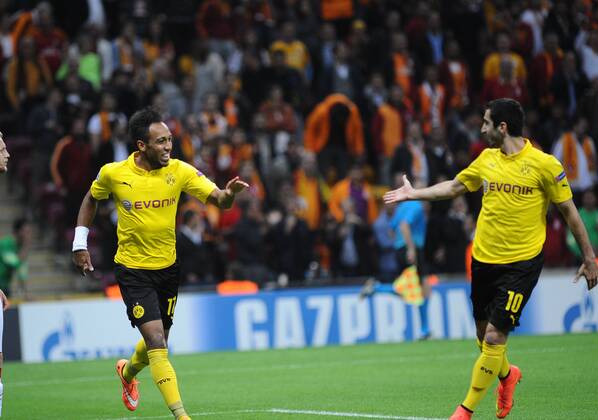 UEFA Champions League Group D match between Galatasaray and Borussia Dortmund at Turk Telekom Arena on October 22, 2014 in Istanbul, Turkey. Pictured: Borussia Dortmund players Pierre Emerick Aubameyang (L) and Henrikh Mkhitaryan (R) celebrates after goal. 
