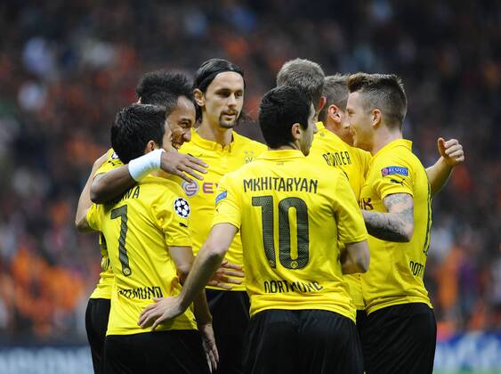UEFA Champions League Group D match between Galatasaray and Borussia Dortmund at Turk Telekom Arena on October 22, 2014 in Istanbul, Turkey. Pictured: Borussia Dortmund players celebrates after Aubameyang s first goal. 