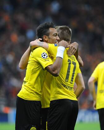 UEFA Champions League Group D match between Galatasaray and Borussia Dortmund at Turk Telekom Arena on October 22, 2014 in Istanbul, Turkey. Pictured: Borussia Dortmund players Pierre Emerick Aubameyang (L) and Marco Reus (R) celebrates after goal. 