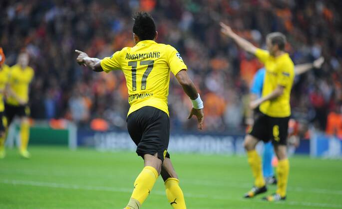 UEFA Champions League Group D match between Galatasaray and Borussia Dortmund at Turk Telekom Arena on October 22, 2014 in Istanbul, Turkey. Pictured: Borussia Dortmund players Pierre Emerick Aubameyang celebrates after him Second goal. 