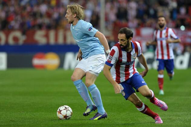 Malmo FF Midfielder, Emil Forsberg - EMIL FORSBERG, number 33 . Atletico de Madrid Defender, Juan Francisco Torres Belen - JUANFRAN, number 20. Round 3 of the CHAMPIONS league, soccer match between Atletico de Madrid - Malmo FF at the Vicente Calderon estadium, Madrid - Spain by October 22, 2014. PHOTO: MIguelLopez. 