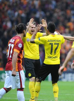 UEFA Champions League Group D match between Galatasaray and Borussia Dortmund at Turk Telekom Arena on October 22, 2014 in Istanbul, Turkey. Pictured: Borussia Dortmund player Pierre Emerick Aubameyang and other players celebrates after him second goal. 