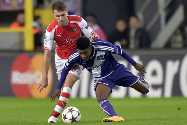 Ibrahima Conte of RSC Anderlecht battles for the ball with Aaron Ramsey of Arsenal FOOTBALL : Anderlecht vs Arsenal - Ligue des Champions - 3e journee - Gr D - 22 10 2014 Photonews Panoramic 
