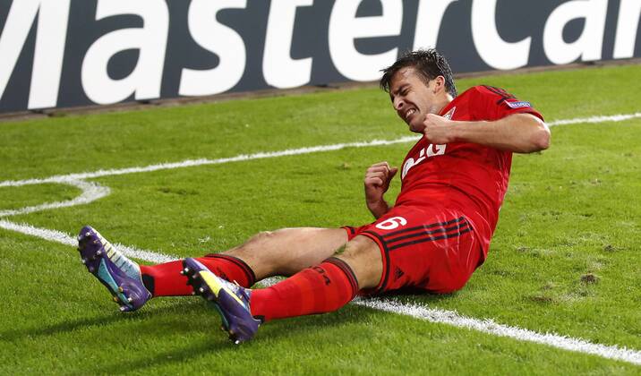 Leverkusens Giulio Donati celebrates scoring the 1:0 during the Championsleague match between Bayer 04 Leverkusen and St. Petersburg, Bayarena in Leverkusen on October 22., 2014. Bayer 04 Leverkusen vs. St. Petersburg in der Gruppenphase der Champions League Qualifikation Saison 2014 2015 am 22. Oktober 2014.