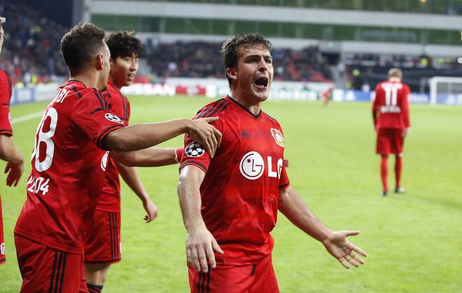 Leverkusens Giulio Donati (R) celebrates scoring the 1:0 with Leverkusens Wendell during the Championsleague match between Bayer 04 Leverkusen and St. Petersburg, Bayarena in Leverkusen on October 22., 2014. Bayer 04 Leverkusen vs. St. Petersburg in der Gruppenphase der Champions League Qualifikation Saison 2014 2015 am 22. Oktober 2014.