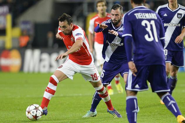 - BRUSSELS, BELGIUM: Arsenal s Santi Cazorla and Anderlecht s Steven Defour fight for the ball during a third group stage game between RSCA Anderlecht and English team Arsenal, in the group D of the UEFA Champions League competition, Wednesday 22 October 2014. LAURIExDIEFFEMBACQ  premiumd 20145232
