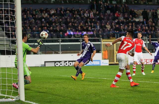 Anderlecht s Silvio Proto saves from Arsenal s Alexis Sanchez - UEFA Champions League - RSC Anderlecht vs Arsenal - Constant Vanden Stock Stadium - Belgium - 22nd October 2014 - Picture David Klein Sportimage EDITORIAL USE ONLY. No use with unauthorised audio, video, data, fixture lists, club league logos or live services. Online in-match use limited to 120 images, no video emulation. No use in betting, games or single club league player publications.