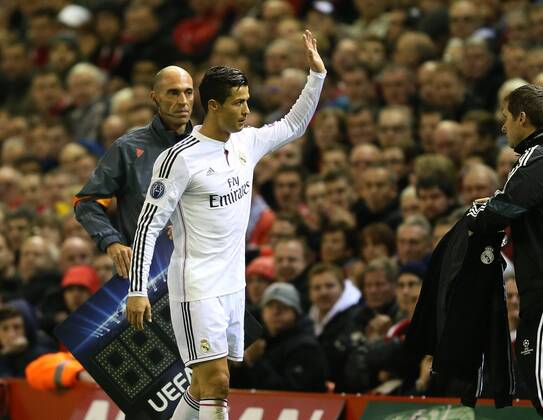 A wave to the Liverpool fans who applauded Cristiano Ronaldo of Real Madrid as he was substituted - UEFA Champions League Group B - Liverpool vs Real Madrid - Anfield Stadium - Liverpool- England - 22nd October 2014 - Picture Simon Bellis Sportimage EDITORIAL USE ONLY. No use with unauthorised audio, video, data, fixture lists, club league logos or live services. Online in-match use limited to 120 images, no video emulation. No use in betting, games or single club league player publications.