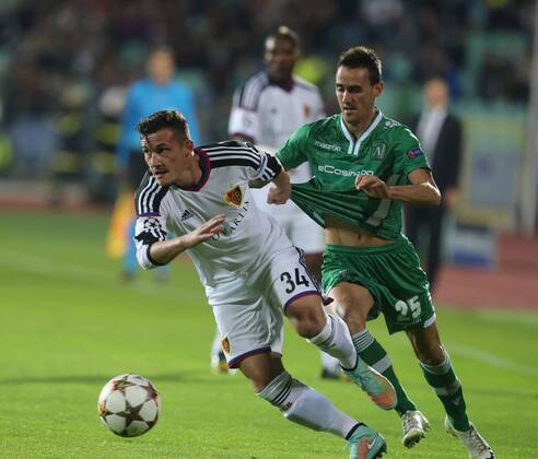 22.10.2014 Sofia(Bulgaria) PFC Ludogorets - FC Basel UEFA Champions League men s football Taulant Xhaka(L) FC Basel and Yordan Minev(r) PFC Ludogorets :Stringer 