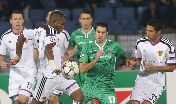 22.10.2014 Sofia(Bulgaria) PFC Ludogorets - FC Basel UEFA Champions League men s football Geoffroy Serey Die(L) with Mohamed Elneny (r) FC Basel and Dany Abalo(central) PFC Ludogorets :Stringer 
