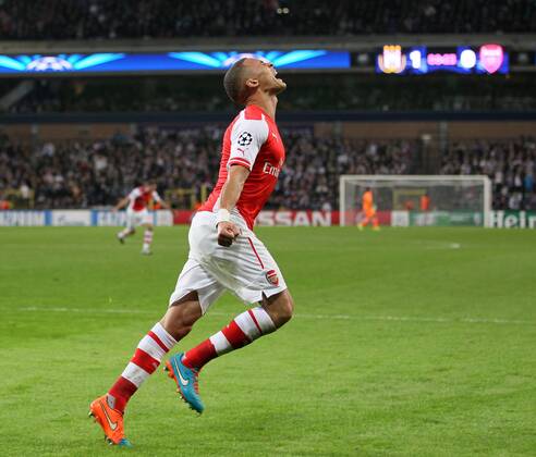 Arsenal s Kieran Gibbs celebrates scoring his sides opening goal - UEFA Champions League - RSC Anderlecht vs Arsenal - Constant Vanden Stock Stadium - Belgium - 22nd October 2014 - Picture David Klein Sportimage EDITORIAL USE ONLY. No use with unauthorised audio, video, data, fixture lists, club league logos or live services. Online in-match use limited to 120 images, no video emulation. No use in betting, games or single club league player publications.
