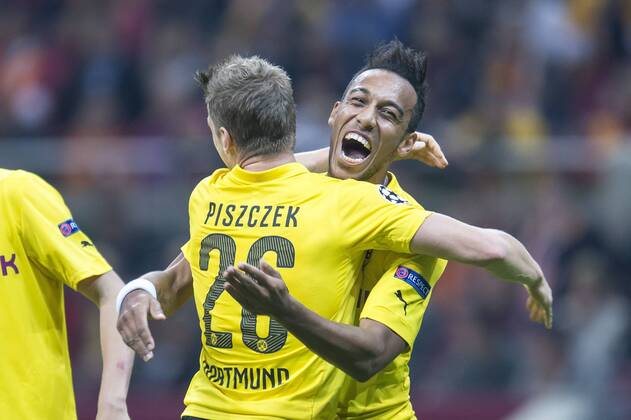 (L-R) Lukasz Piszczek of Borussia Dortmund, Pierre-Emerick Aubameyang of Borussia Dortmund during the UEFA Champions League group D match between Galatasaray and Borussia Dortmund on October 22, 2014 at the Turk Telekom stadium at Istanbul, Turkey. Galatasaray v Borussia Dortmund UEFA Champions League Group D 2014 2015 xVIxGerritxvanxKeulenxIVx 3170667