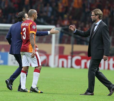 UEFA Champions League Group D match between Galatasaray and Borussia Dortmund at Turk Telekom Arena on October 22, 2014 in Istanbul, Turkey. Score: Galatasaray 0 - Borussio Dortmund 4 Pictured: Coach Cesare Prandelli and Felipe Melo of Galatasaray and Coach Jurgen Klopp of Borussia Dortmund. 