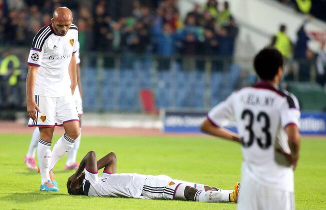 22.10.2014 Sofia(Bulgaria) PFC Ludogorets - FC Basel UEFA Champions League men s football Arlind Ajeti(L) with Breel Embolo (down) FC Basel after lost match :Stringer 