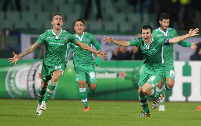 22.10.2014 Sofia(Bulgaria) PFC Ludogorets - FC Basel UEFA Champions League men s football Yordan Minev(L) with Svetoslav Dyakov(r) PFC Ludogorets celebrate first goal on the match :Stringer 