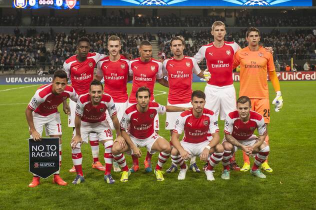 Anderlecht, October 22nd 2014 - Football UEFA Champions League Group D On this picture : FC Arsenal London, back l-R: Danny Welbeck, Calum Chambers, Kieran Gibbs, Nacho Monreal, Per Mertesacker, Emiliano Martinez; front: Alexis Sanchez, Santi Cazorla, Mathieu Flamini, Aaron Ramsey, Jack Wilshere. MichelxGouverneur
