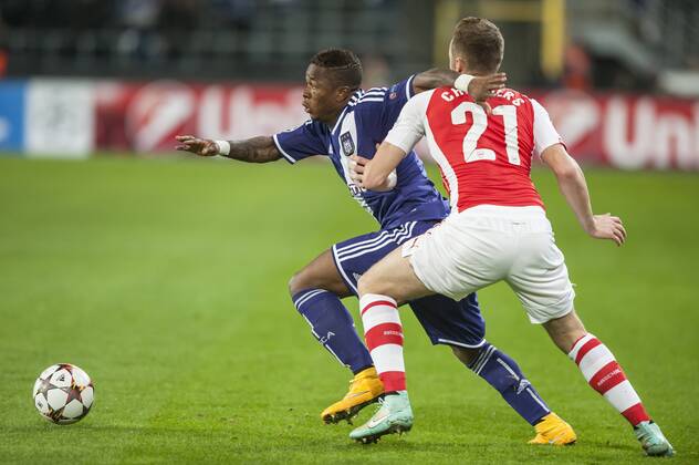 Anderlecht , Belgium October , 22 2014 Football UEFA Champions League Group D RSC Anderlecht vs Arsenal FC On this picture : Calum Chambers Cyriac MichelxGouverneur 