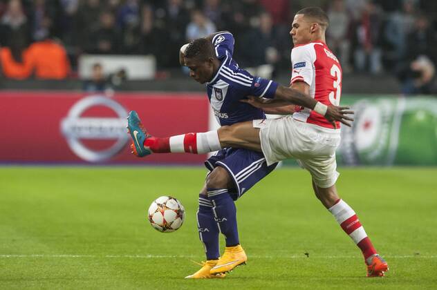 Anderlecht , Belgium October , 22 2014 Football UEFA Champions League Group D RSC Anderlecht vs Arsenal FC On this picture : Cyriac Kieran Gibbs MichelxGouverneur 