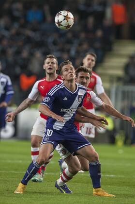 Anderlecht , Belgium October , 22 2014 Football UEFA Champions League Group D RSC Anderlecht vs Arsenal FC On this picture : Dennis Praet Nacho Monreal MichelxGouverneur 