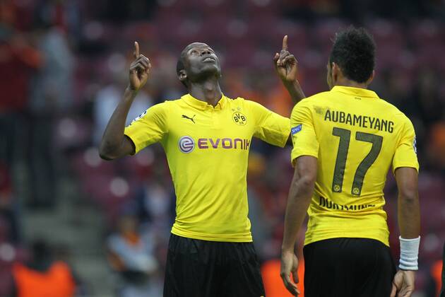 l-r: Torjubel von Adrian Ramos 20 (Borussia Dortmund) und Pierre-Emerick Aubameyang 17 (Borussia Dortmund) Galatasaray Istanbul vs. Borussia Dortmund, Fussball, Champions League, 22.10.2014, EP_CKT
