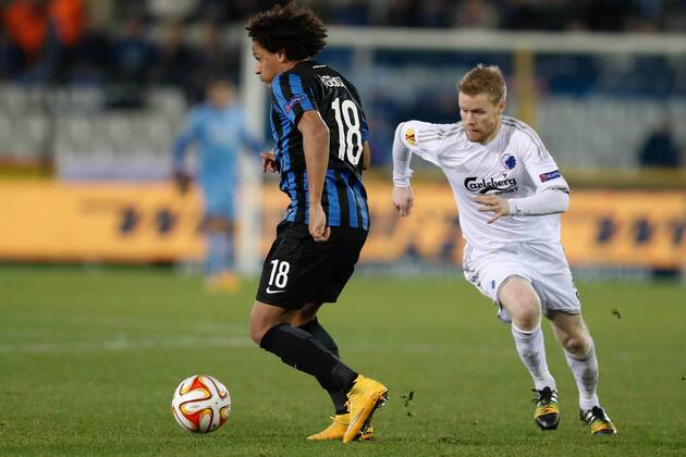 - BRUGGE, BELGIUM: Club s Felipe Gedoz De Conceicao and Kobenhavn s Tom Hogli fight for the ball during a game between Belgian soccer team Club Brugge and Danish team FC Kobenhavn, Thursday 23 October 2014, in Brugge stadium. It is the third day of the group stage of the UEFA Europa League competition, in group B. BRUNOxFAHY premiumd 20146074