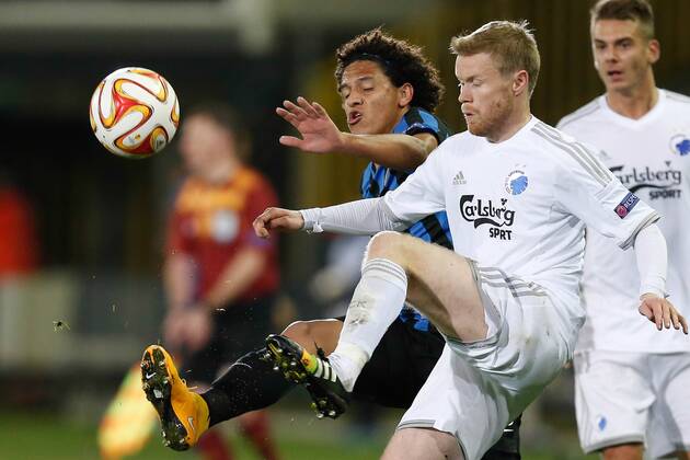 - BRUGGE, BELGIUM: Club s Felipe Gedoz De Conceicao and Kobenhavn s Tom Hogli fight for the ball during a game between Belgian soccer team Club Brugge and Danish team FC Kobenhavn, Thursday 23 October 2014, in Brugge stadium. It is the third day of the group stage of the UEFA Europa League competition, in group B. BRUNOxFAHY premiumd 20146078