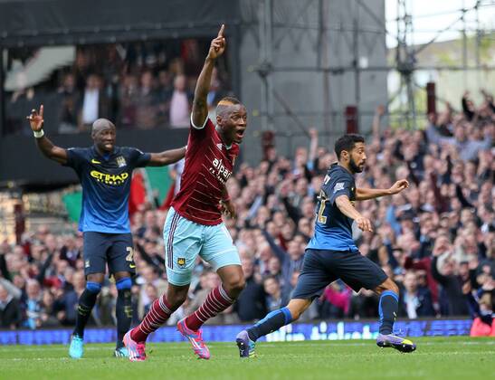 West Ham s Diafra Saakho celebrates scoring his sides second goal Barclays Premier League - West Ham United vs Manchester City - Upton Park - England - 25th October 2014 - Picture David Klein Sportimage EDITORIAL USE ONLY. No use with unauthorised audio, video, data, fixture lists, club league logos or live services. Online in-match use limited to 120 images, no video emulation. No use in betting, games or single club league player publications.