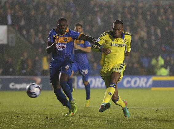 Didier Drogba of Chelsea scores the first goal - Capital One Cup - Shrewsbury Town vs Chelsea - Greenhous Meadow Stadium - Shrewsbury - England - 28th October 2014 - Picture SimonBellis Sportimage EDITORIAL USE ONLY. No use with unauthorised audio, video, data, fixture lists, club league logos or live services. Online in-match use limited to 120 images, no video emulation. No use in betting, games or single club league player publications.