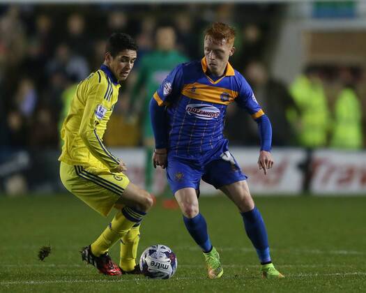 Ryan Woods of Shrewsbury Town turns Oscar of Chelsea - Capital One Cup - Shrewsbury Town vs Chelsea - Greenhous Meadow Stadium - Shrewsbury - England - 28th October 2014 - Picture SimonBellis Sportimage EDITORIAL USE ONLY. No use with unauthorised audio, video, data, fixture lists, club league logos or live services. Online in-match use limited to 120 images, no video emulation. No use in betting, games or single club league player publications.