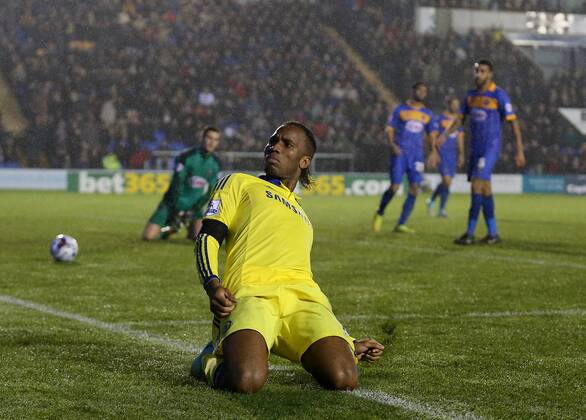 Didier Drogba of Chelsea celebrates scoring the first goal - Capital One Cup - Shrewsbury Town vs Chelsea - Greenhous Meadow Stadium - Shrewsbury - England - 28th October 2014 - Picture SimonBellis Sportimage EDITORIAL USE ONLY. No use with unauthorised audio, video, data, fixture lists, club league logos or live services. Online in-match use limited to 120 images, no video emulation. No use in betting, games or single club league player publications.