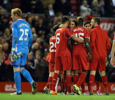 Liverpool s Lazer Markovic celebrates at the final whistle League Cup Fourth Round- Liverpool vs Swansea City - Anfield - England - 28th October 2014 - Picture David Klein Sportimage EDITORIAL USE ONLY. No use with unauthorised audio, video, data, fixture lists, club league logos or live services. Online in-match use limited to 120 images, no video emulation. No use in betting, games or single club league player publications.