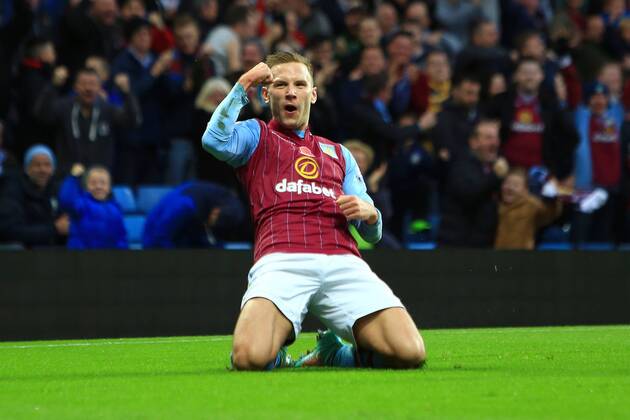 Andreas Weimann of Aston Villa celebrates scoring the opening goal - Aston Villa vs. Tottenham Hotspurs - Barclay s Premier League - Villa Park - Birmingham - 02 11 2014 Pic Philip Oldham Sportimage EDITORIAL USE ONLY. No use with unauthorised audio, video, data, fixture lists, club league logos or live services. Online in-match use limited to 120 images, no video emulation. No use in betting, games or single club league player publications.