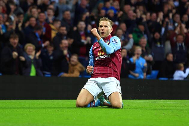 Andreas Weimann of Aston Villa celebrates scoring the opening goal - Aston Villa vs. Tottenham Hotspurs - Barclay s Premier League - Villa Park - Birmingham - 02 11 2014 Pic Philip Oldham Sportimage EDITORIAL USE ONLY. No use with unauthorised audio, video, data, fixture lists, club league logos or live services. Online in-match use limited to 120 images, no video emulation. No use in betting, games or single club league player publications.