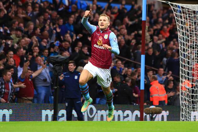 Andreas Weimann of Aston Villa celebrates scoring the opening goal - Aston Villa vs. Tottenham Hotspurs - Barclay s Premier League - Villa Park - Birmingham - 02 11 2014 Pic Philip Oldham Sportimage EDITORIAL USE ONLY. No use with unauthorised audio, video, data, fixture lists, club league logos or live services. Online in-match use limited to 120 images, no video emulation. No use in betting, games or single club league player publications.