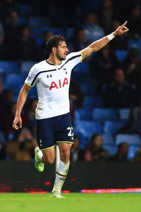 Tottenham s Nacer Chadli celebrates his equalising goal - Aston Villa vs. Tottenham Hotspurs - Barclay s Premier League - Villa Park - Birmingham - 02 11 2014 Pic Philip Oldham Sportimage EDITORIAL USE ONLY. No use with unauthorised audio, video, data, fixture lists, club league logos or live services. Online in-match use limited to 120 images, no video emulation. No use in betting, games or single club league player publications.