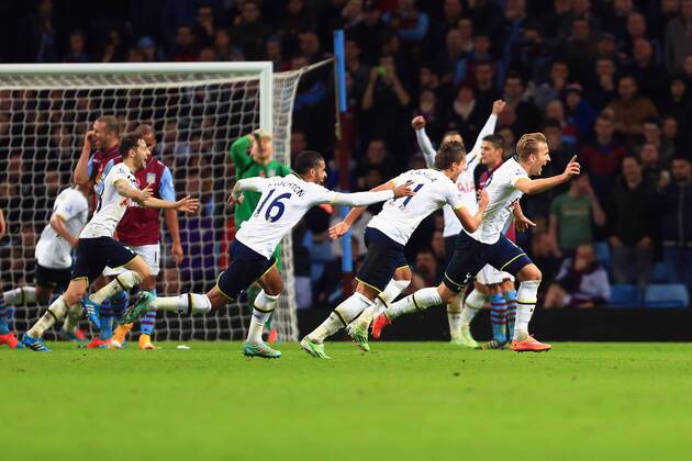 Tottenham s Harry Kane celebrates scoring his sides second goal - Aston Villa vs. Tottenham Hotspurs - Barclay s Premier League - Villa Park - Birmingham - 02 11 2014 Pic Philip Oldham Sportimage EDITORIAL USE ONLY. No use with unauthorised audio, video, data, fixture lists, club league logos or live services. Online in-match use limited to 120 images, no video emulation. No use in betting, games or single club league player publications.