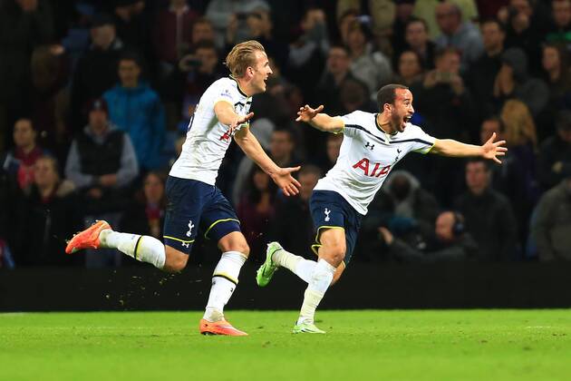 Tottenham s Harry Kane celebrates scoring his sides second goal - Aston Villa vs. Tottenham Hotspurs - Barclay s Premier League - Villa Park - Birmingham - 02 11 2014 Pic Philip Oldham Sportimage EDITORIAL USE ONLY. No use with unauthorised audio, video, data, fixture lists, club league logos or live services. Online in-match use limited to 120 images, no video emulation. No use in betting, games or single club league player publications.