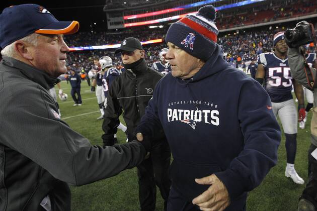 New England Patriots head coach Bill Belichick (R) shakes hands with Denver Broncos head coach John Fox (L) after the Patriots defeated the Broncos 43-21 at Gillette Stadium in Foxboro, Massachusetts on November 2, 2014.  BOS2014110211